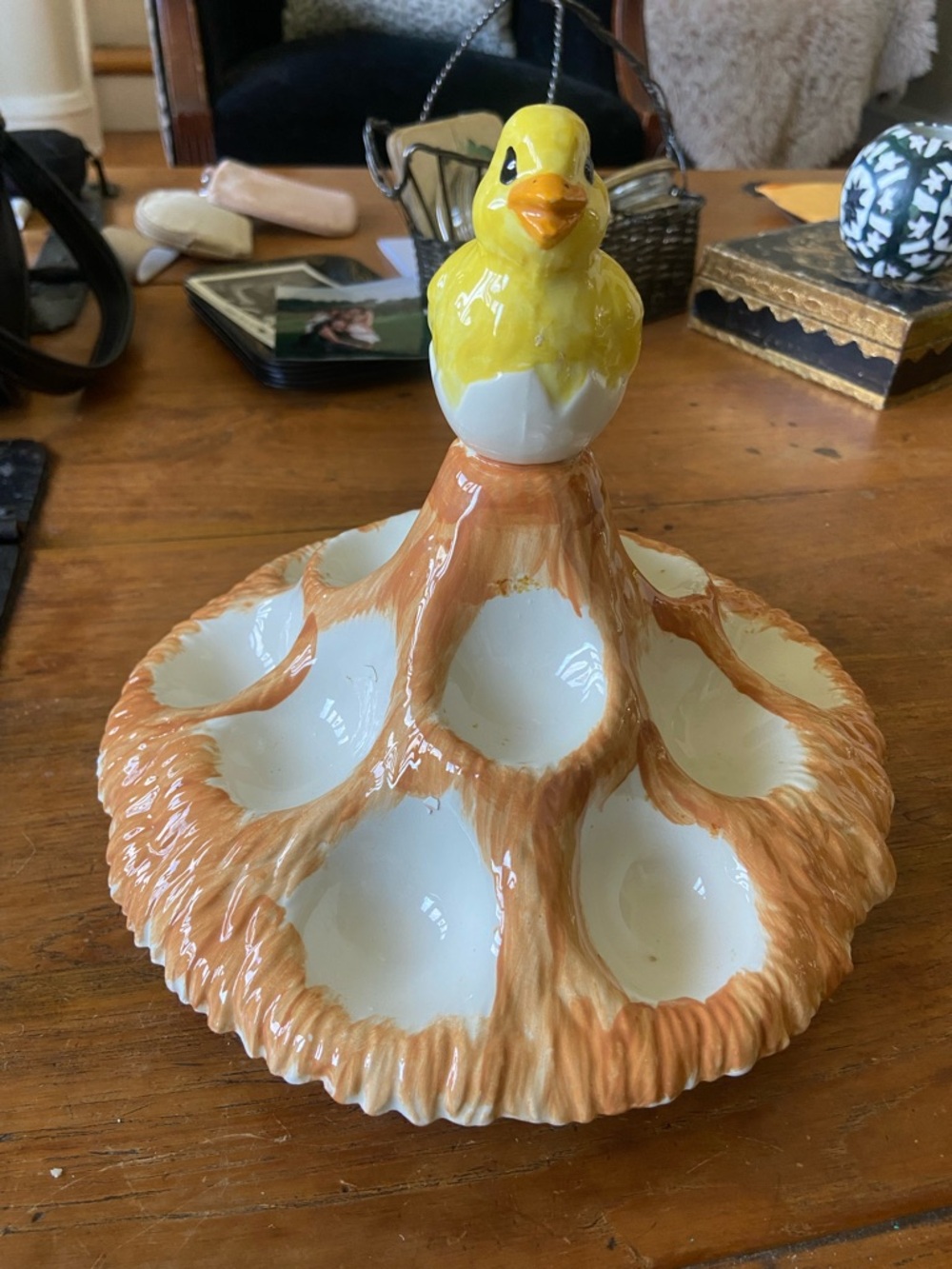 Vintage Ceramic Chick Deviled Egg Holder - Yellow & Tan Decorative Server